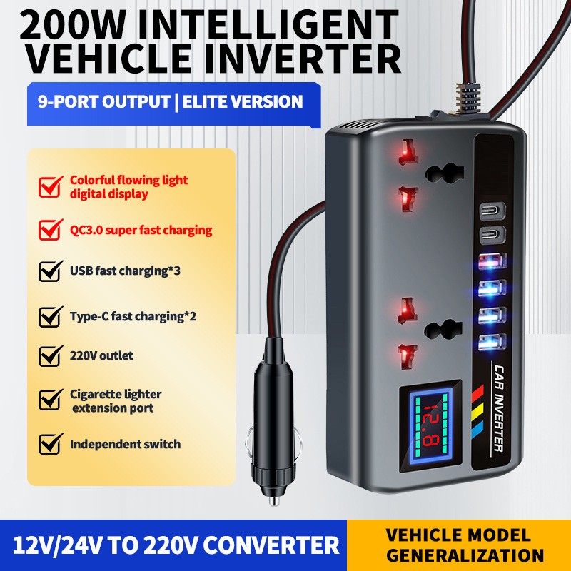 Car Inverter Converter 12V/24V To 220V Fast Charging Ports Portable Automotive