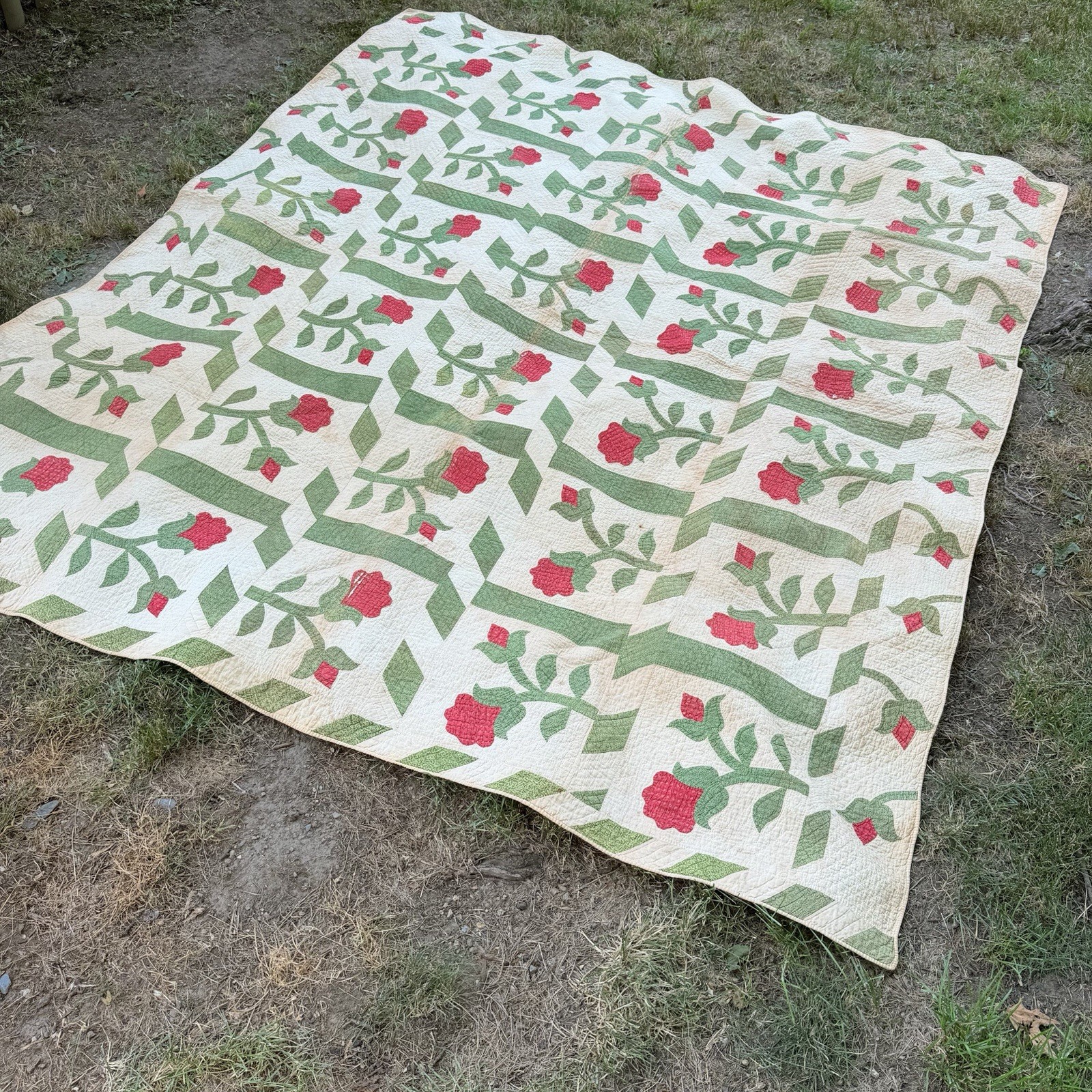 Antique 1940s Handmade Rose Applique Quilt Hand Quilted Floral 94x82 Worn Antique 1940s Handmade Rose Applique Quilt Hand Quilted Floral 94x82 Worn