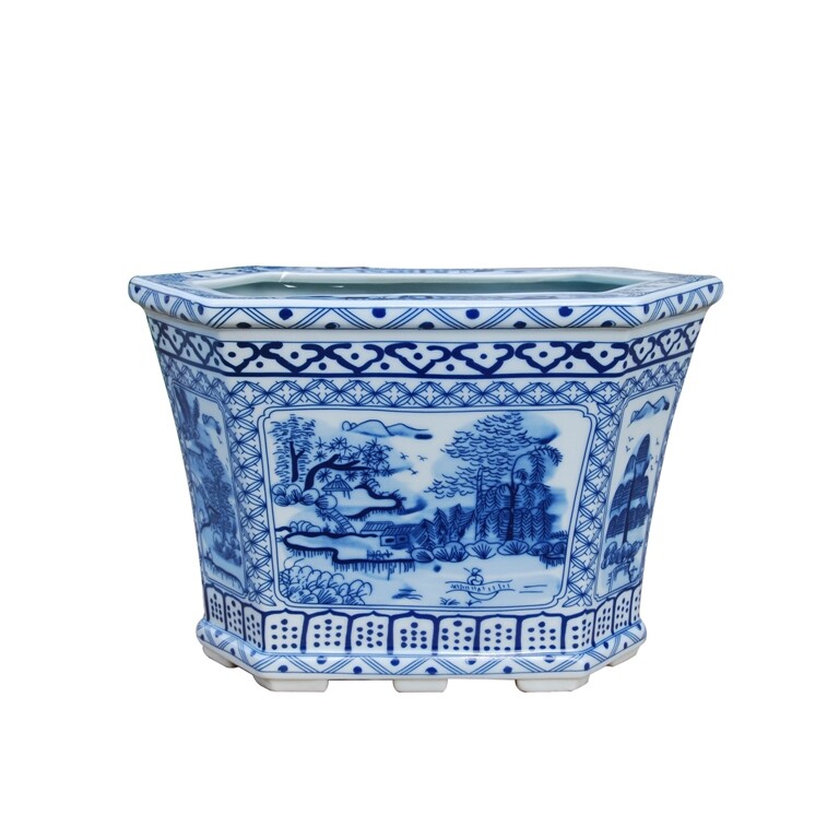 Beautiful Oriental Blue and White Blue Willow Hexagonal Porcelain Pot Beautiful Oriental Blue and White Blue Willow Hexagonal Porcelain Pot