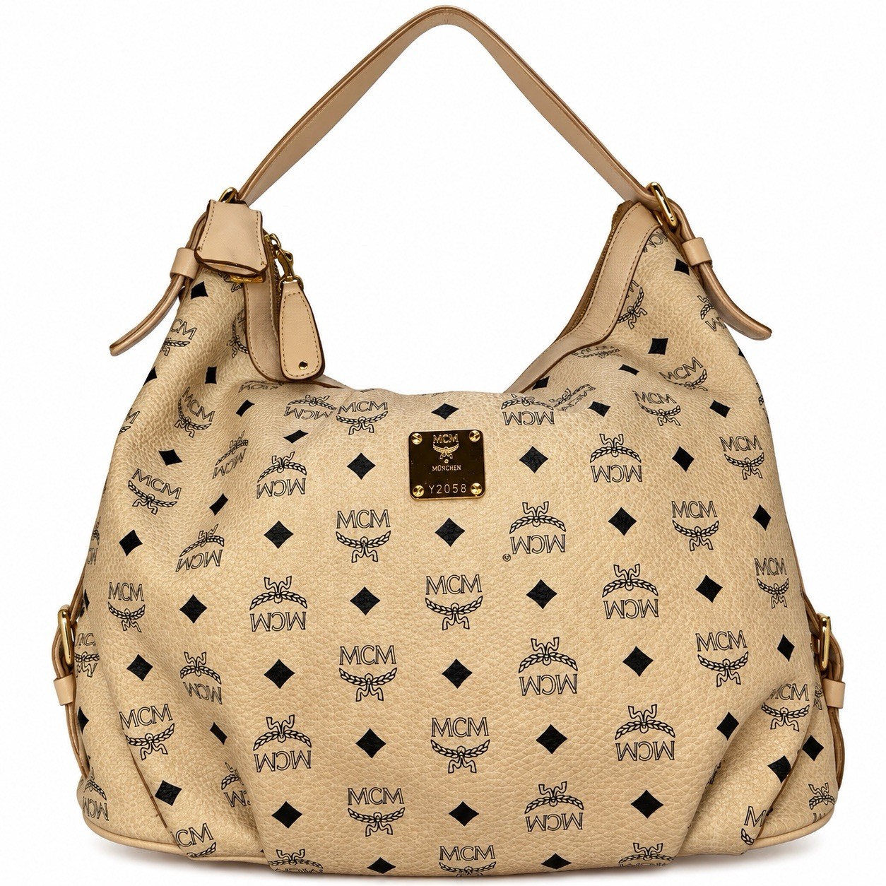 MCM Vtg Visetto Hobo Shoulder Bag Tan Beige Gold Hardware Lock & Key Beautiful