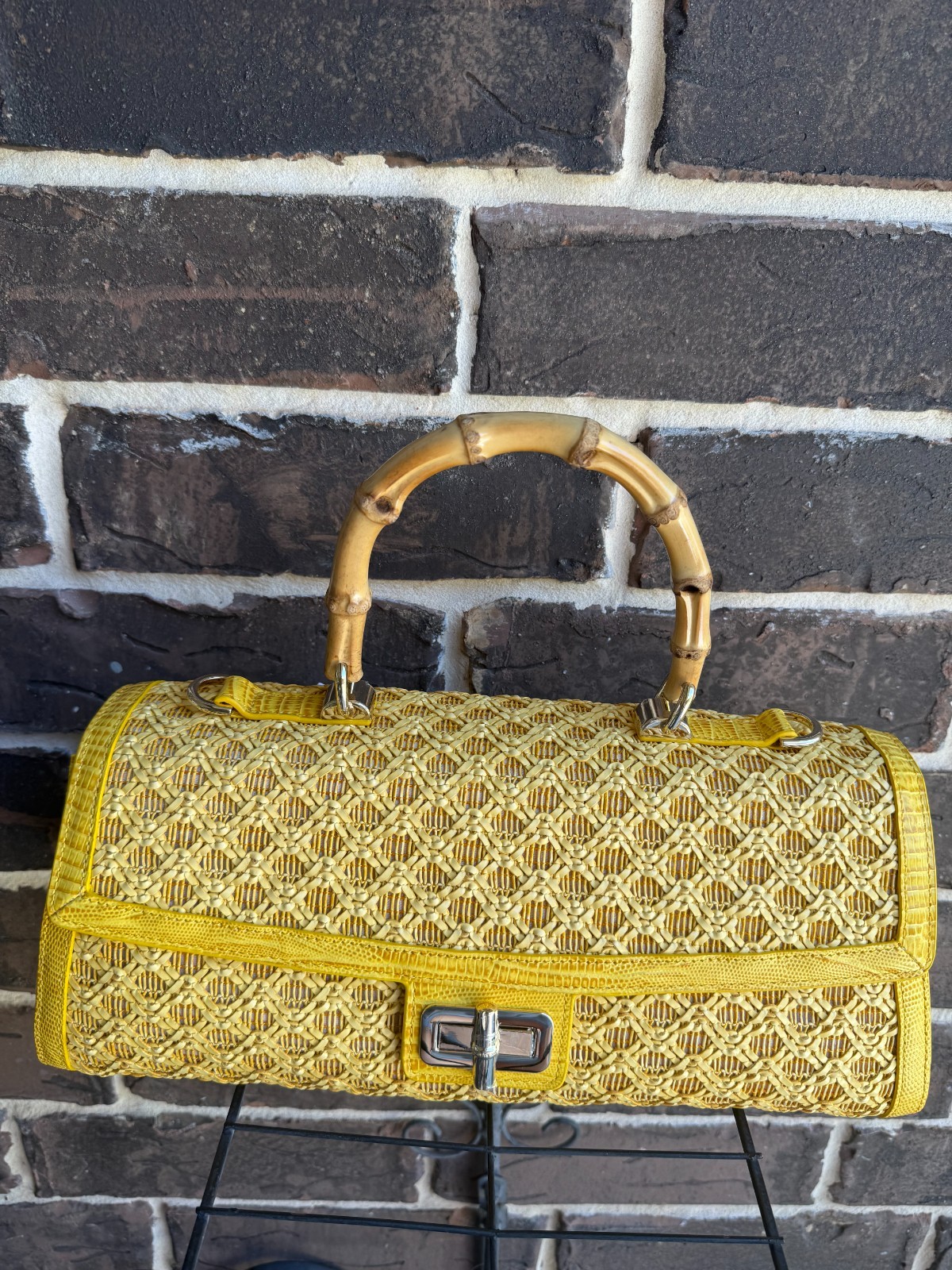 NWT $385 Brahmin Dayan Vivid Yellow Sunshadow Satchel Leather Raffia