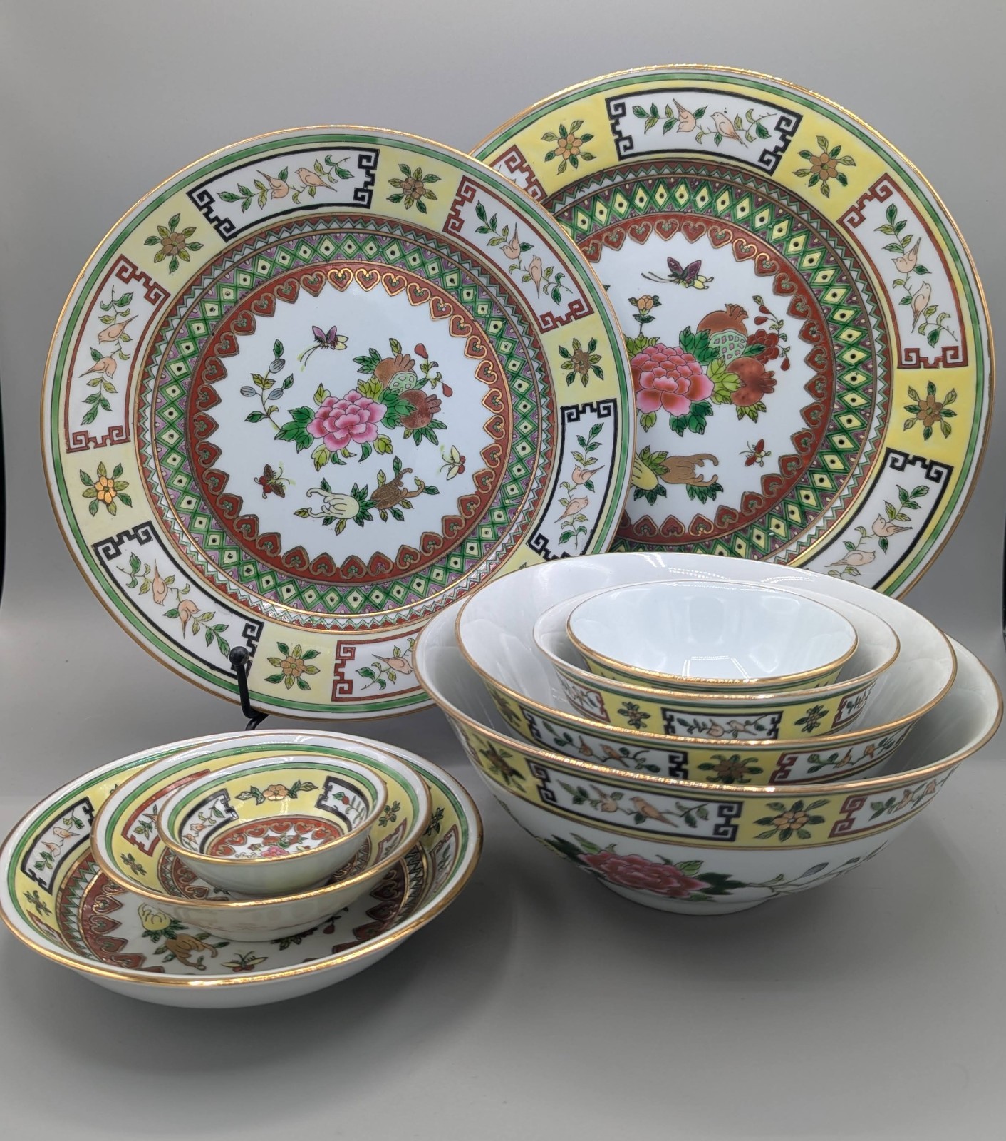 Vintage Chinese Jingdezhen Famille Jaune Complete Serving Set with 10 pieces
