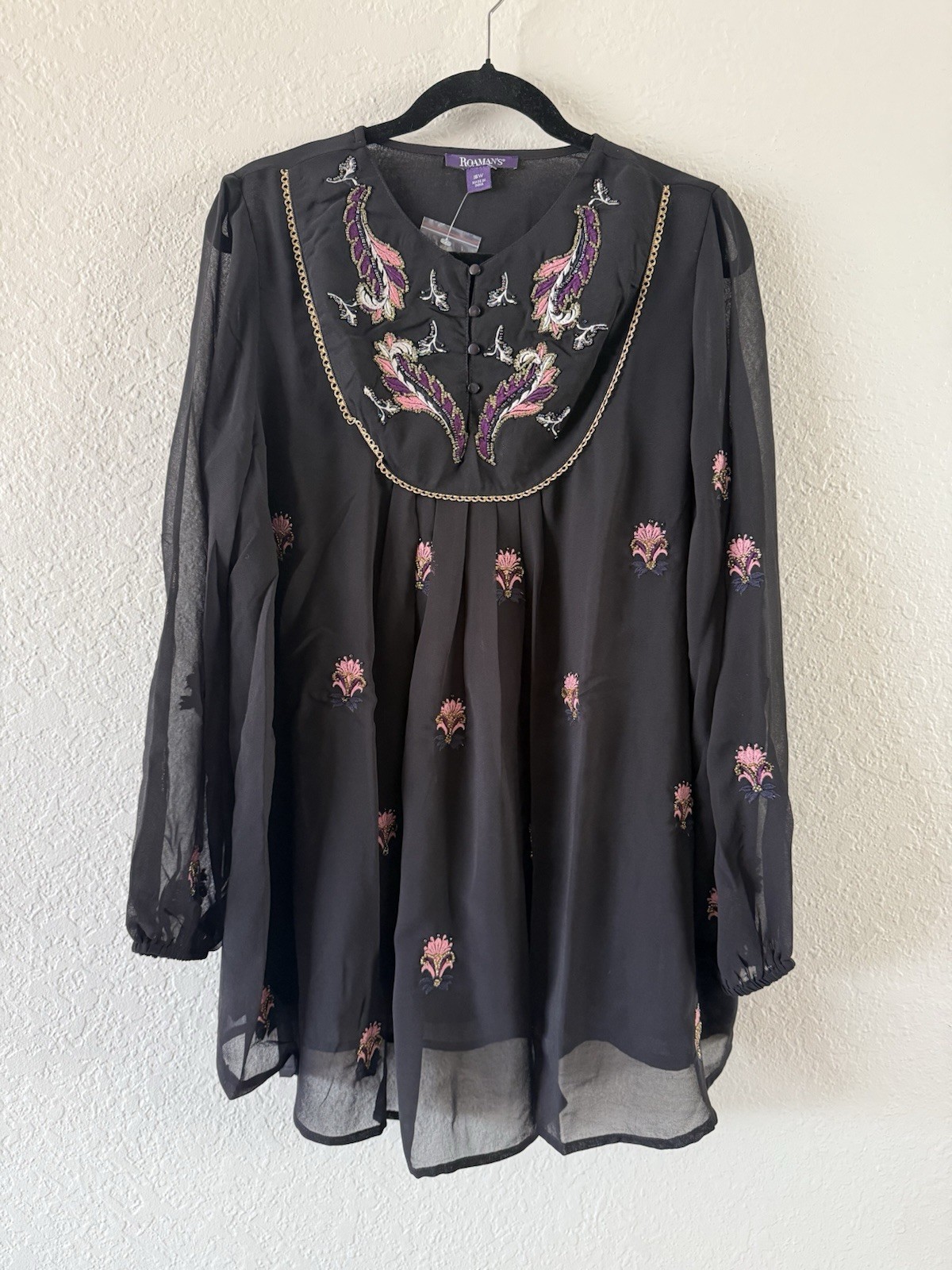 NWOT Roaman’s Black Beaded Boho Chiffon Tunic Blouse Women’s 16 W 