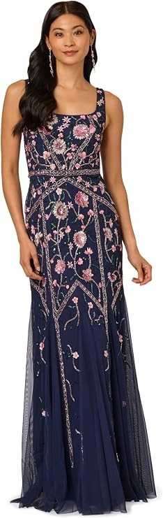 Adrianna Papell Beaded Ball Gown 16 Navy Pink Floral Godet Mesh NWT $369 Adrianna Papell Beaded Ball Gown 16 Navy Pink Floral Godet Mesh NWT $369