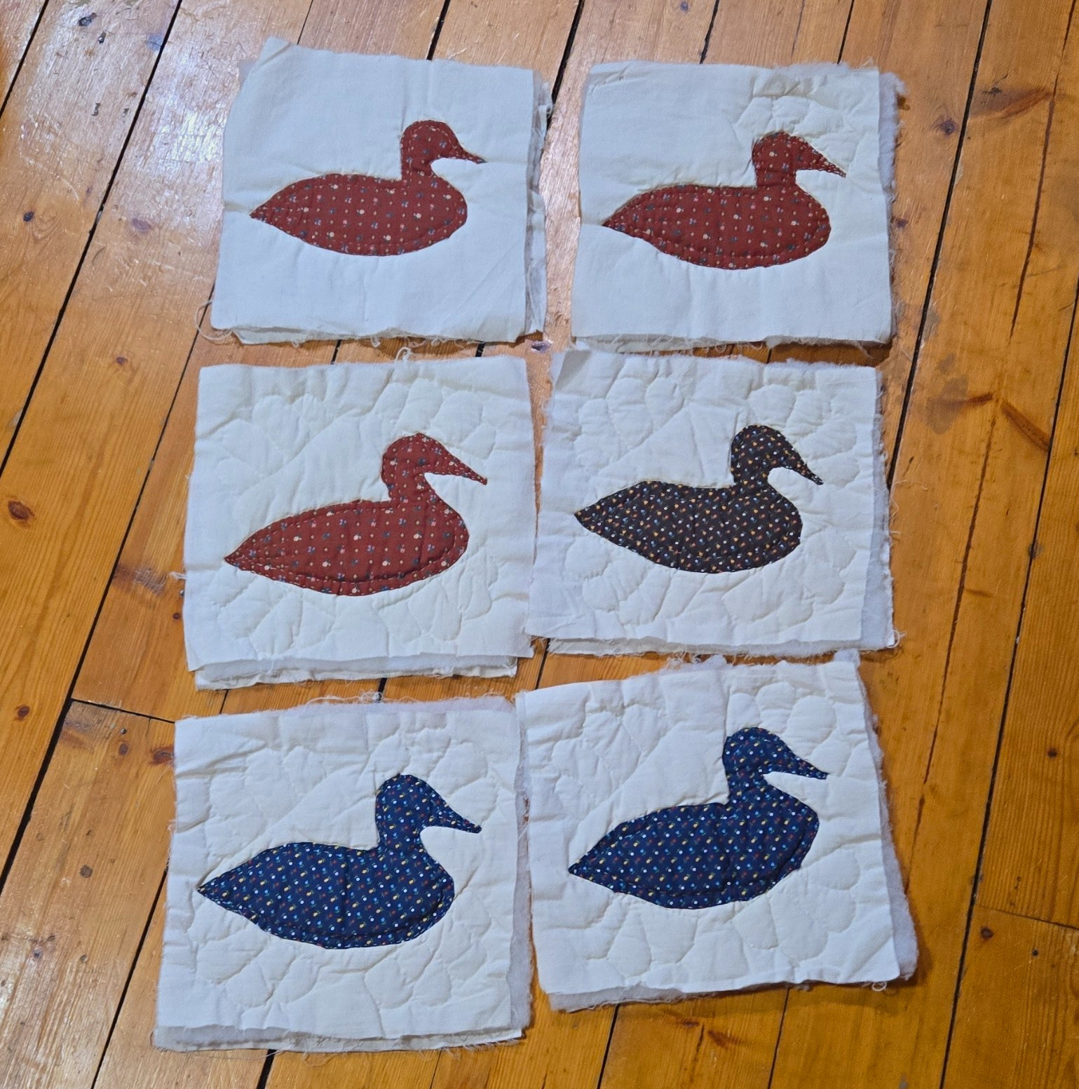 Set of 6 Vintage Unfinished Quilted Applique Duck Quilt Blocks, White Background
