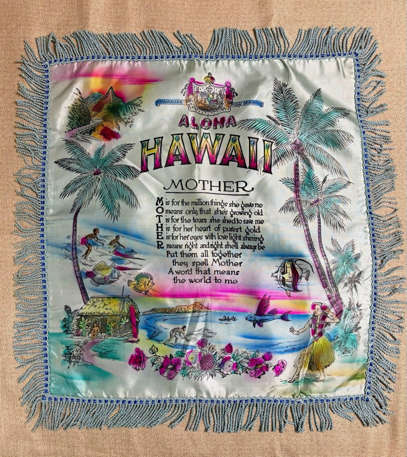Hawaiian Coat of Arms Aloha Hawaii Mother Fringed Wall Hanging 17x17 in