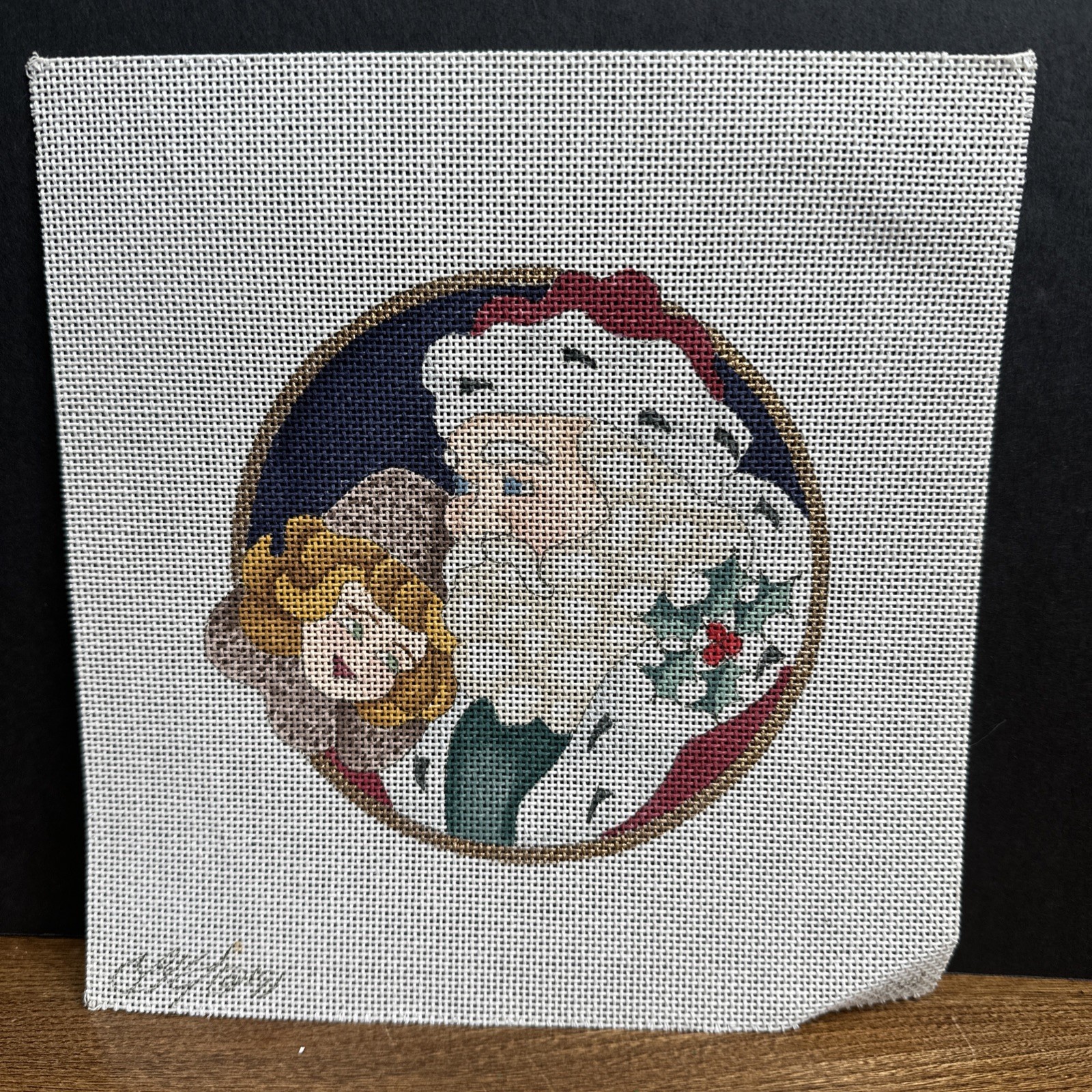 Vtg Hand-Painted Santa & Child #104 Needlepoint Canvas 18 Mesh Unworked