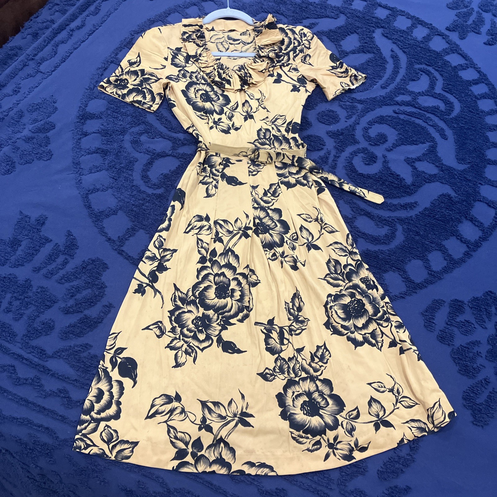 Vintage 1940s Belted Gold Floral Dress, Hand Sewn, 22” Waist - See Photos