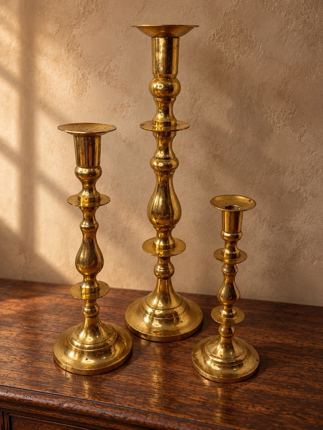 3pc VTG JAINSON Large Brass Candlesticks Graduated 12-21.5” Patinated India