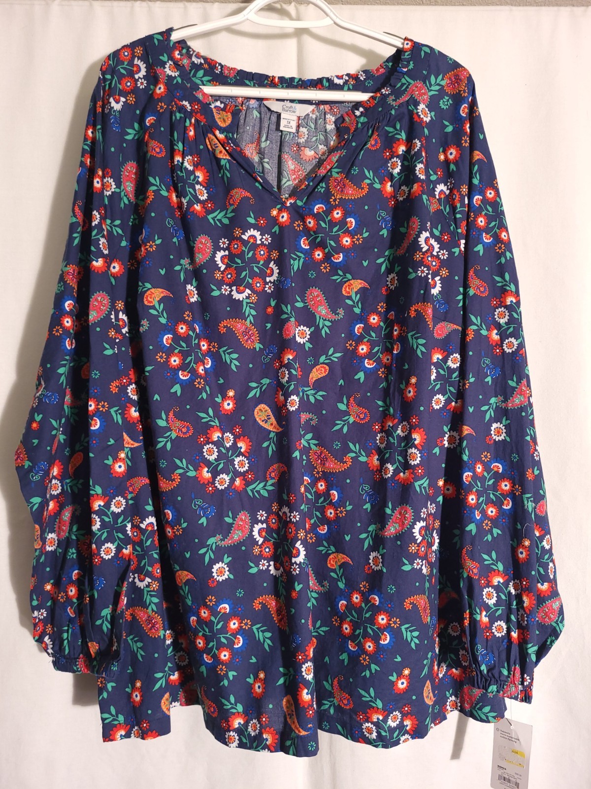 Croft Barrow-NWT-Blue Orange Green White Red Floral Long Sleeve Vneck Top-3X