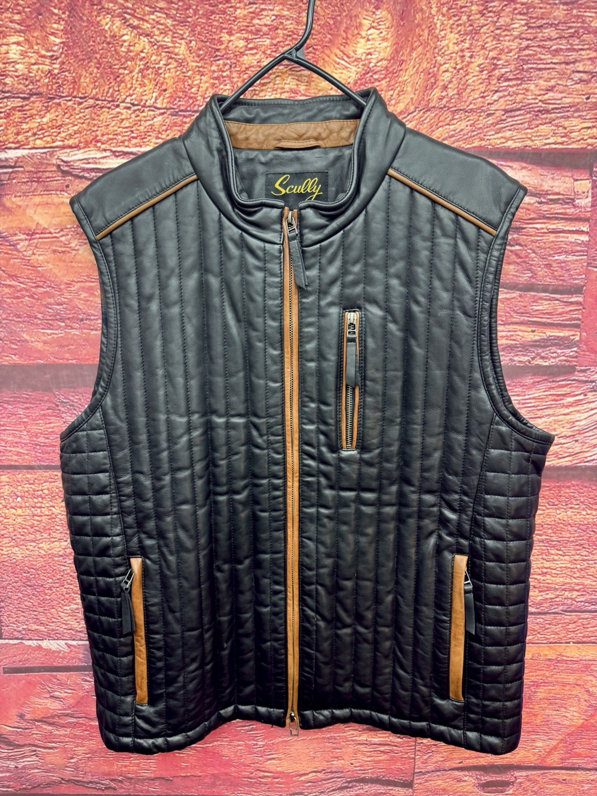 NEW Scully Leather Men’s L Black Lambskin Leather Vest Cognac Trim Quilted