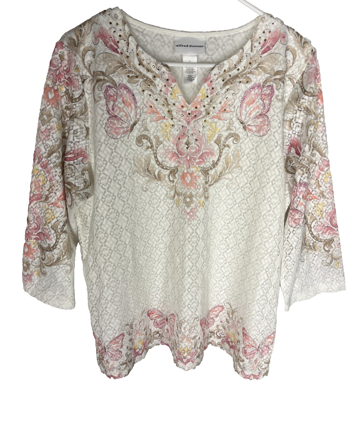 ALFRED DUNNER Top Size Large Floral White Lace Pink Romantic 3/4 Sleeve NEW