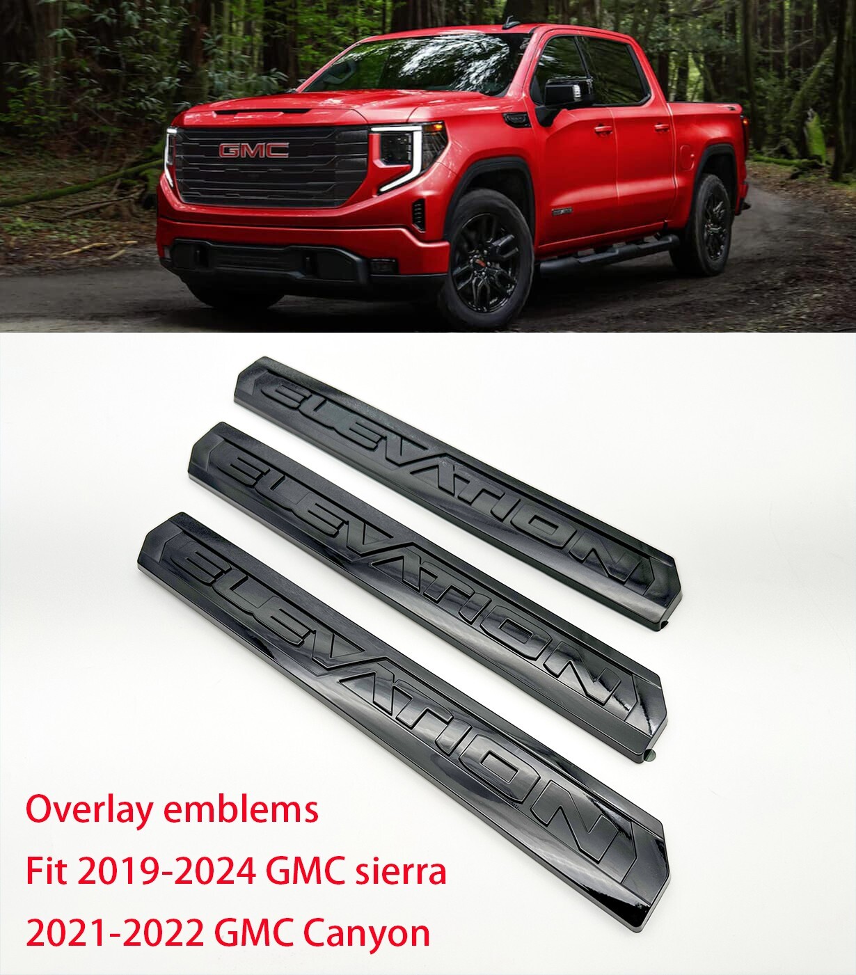 Overlay 3PC Gloss black Door Rear Elevation Emblem 2019+ Sierra 1500 2021+Canyon Overlay 3PC Gloss black Door Rear Elevation Emblem 2019+ Sierra 1500 2021+Canyon
