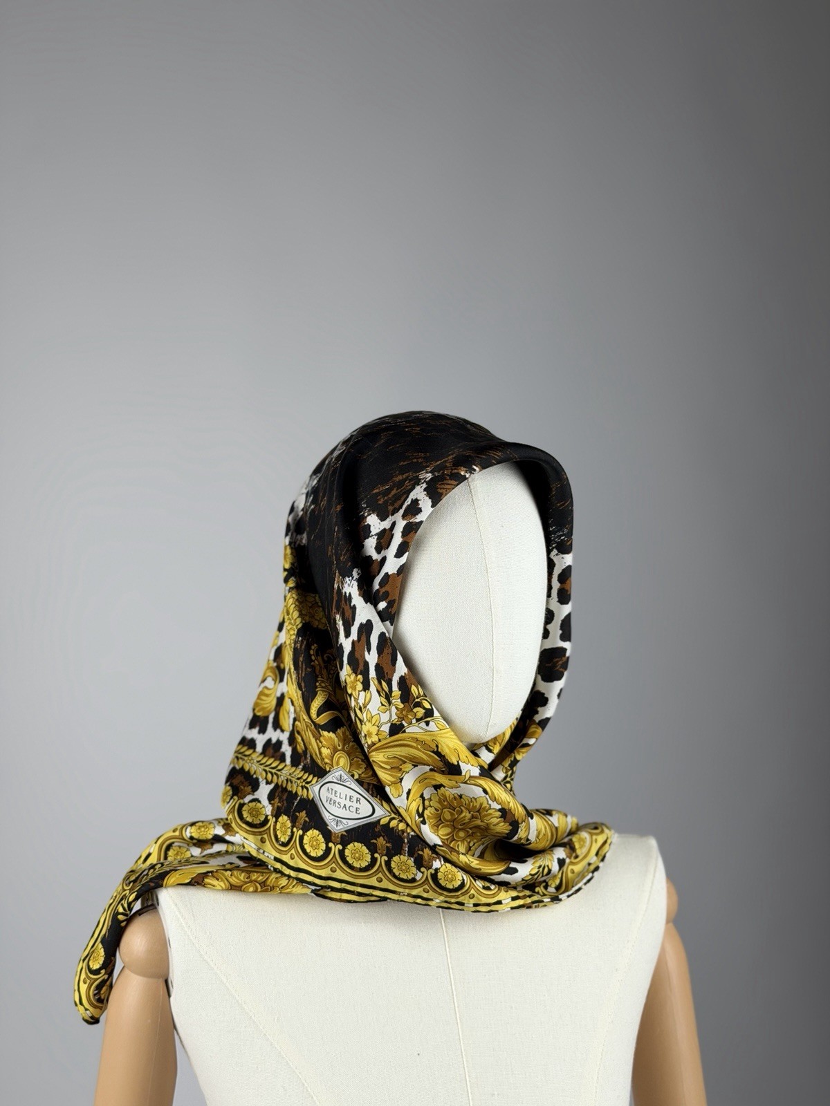 Vintage Atelier Versace Silk Scarf Leopard Baroque Gold Crown Square Foulard