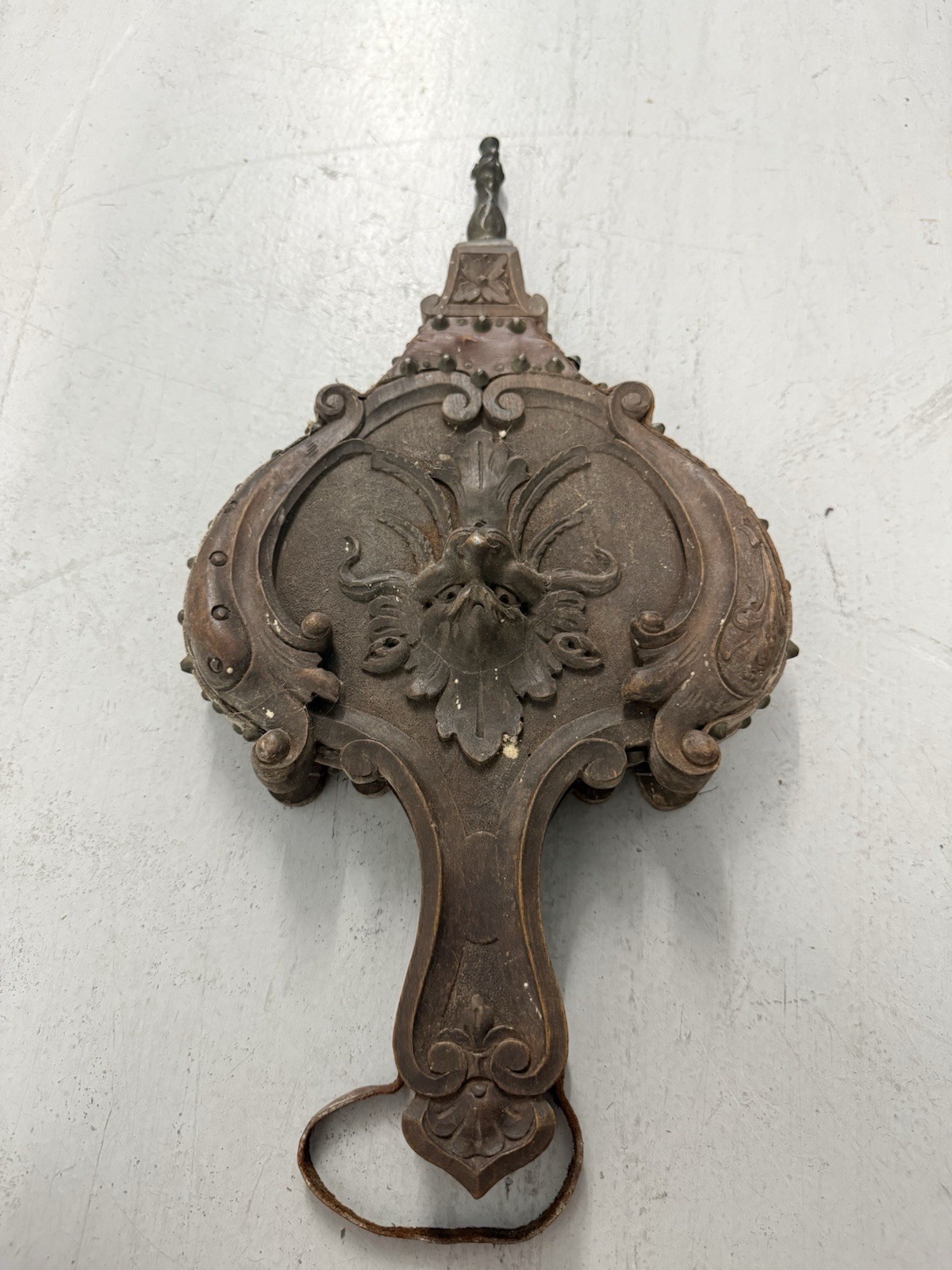 19th Century Antique Carved Wood Leather Fireplace Bellows Ornate Folk Art