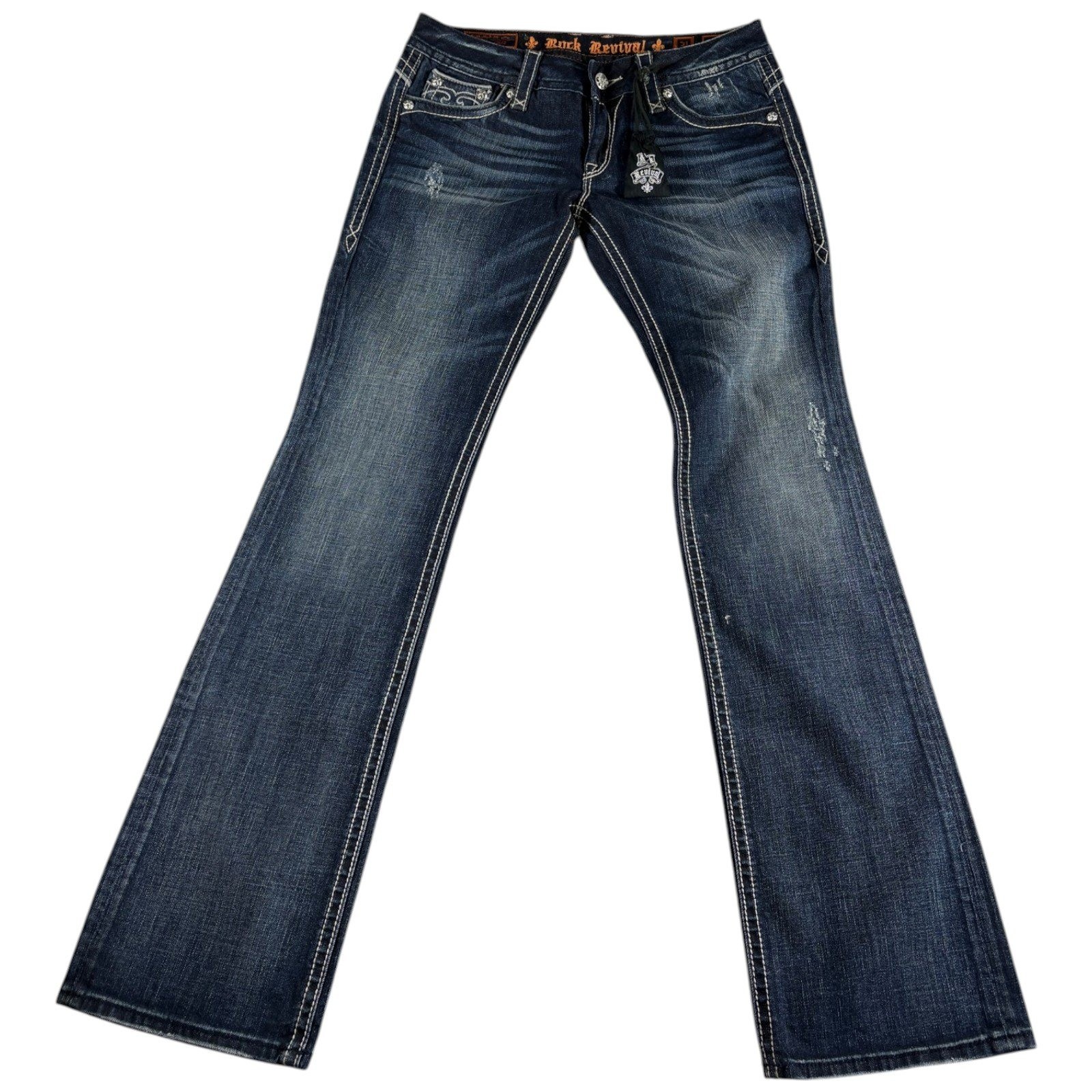 Rock Revival Jody Bootcut Jeans Womens 31 Blue Whiskering Denim Distressed Logo