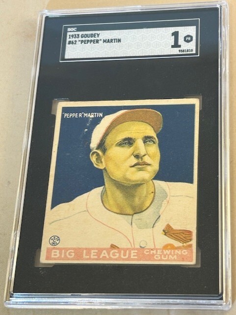 1933 GOUDEY #62 PEPPER MARTIN SGC 1 PR ST LOUIS CARDINALS BASEBALL CARD. 1933 GOUDEY #62 PEPPER MARTIN SGC 1 PR ST LOUIS CARDINALS BASEBALL CARD.