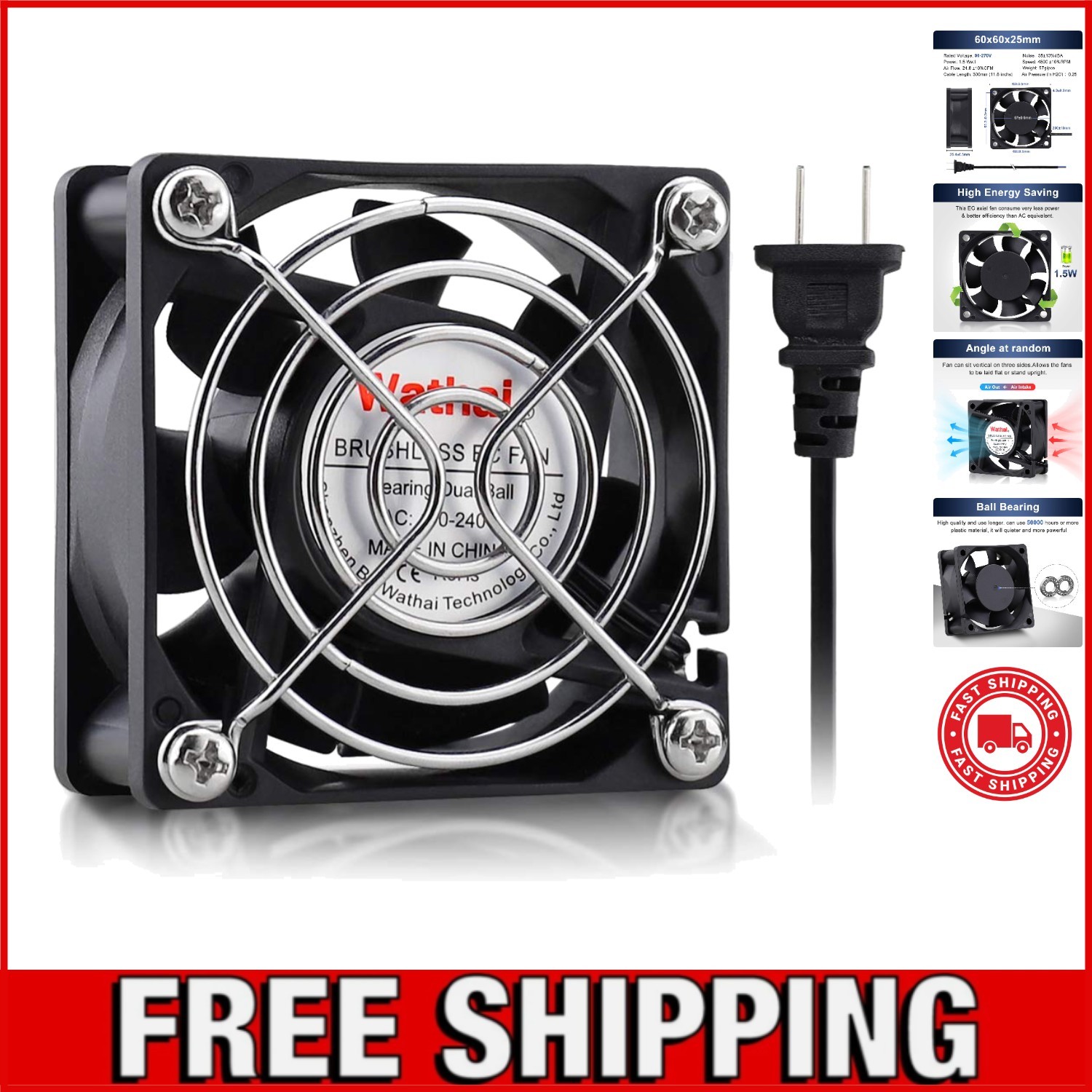 Compact 60mm x 25mm EC Axial Fan - Silent 35dBA, Long-Lasting Dual-Ball Bearing