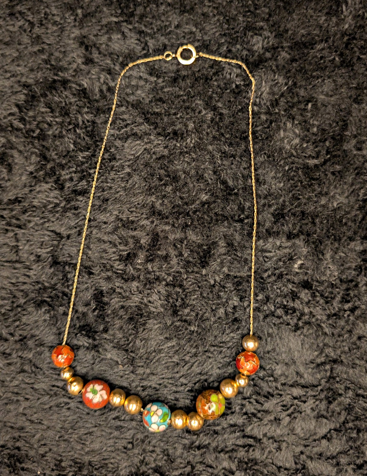 Vintage 14KT Gold Cloisonné Beaded Chain Necklace with 14k Gold Beads 16.5 in