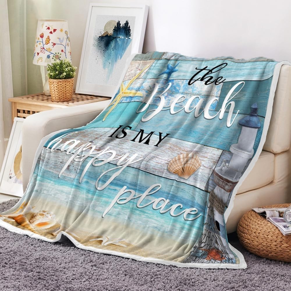 Ocean Beach Throw Blanket, Blue Seashell Starfish Microfiber Flannel Blanket Ocean Beach Throw Blanket, Blue Seashell Starfish Microfiber Flannel Blanket