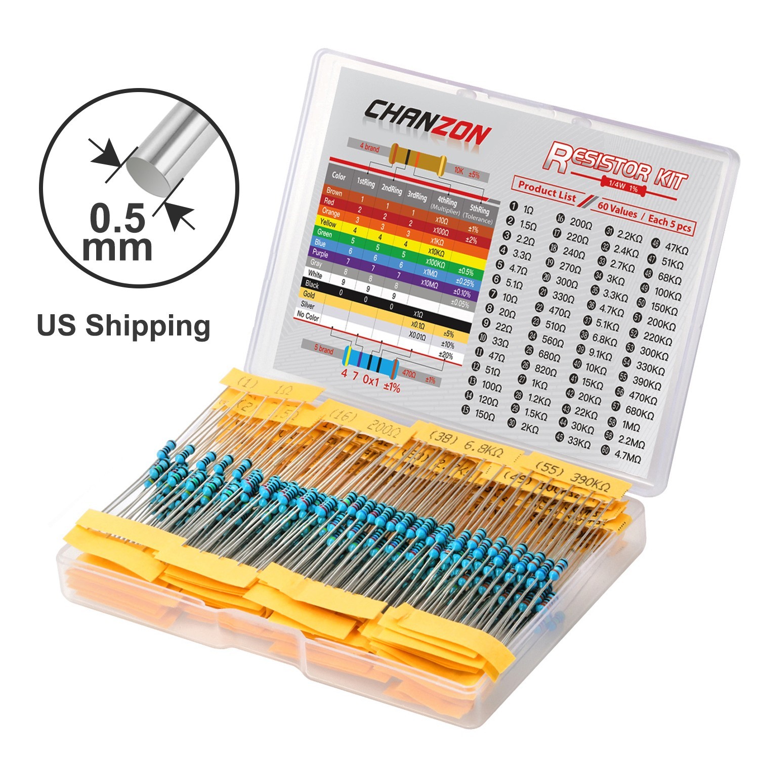 60 Values 1/4W 1% Metal Film Resistors Kit 1 ohm - 4.7M ohm 1/4 Watt 300Pcs Set