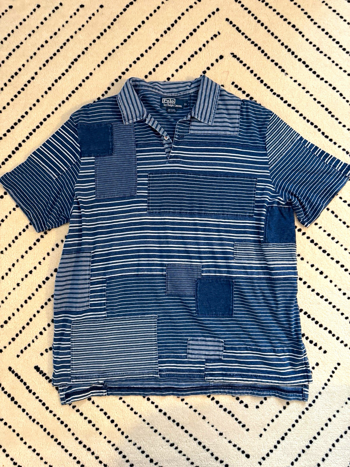 Rare 80s Polo Ralph Lauren Men\'s XL Indigo Patch Work Short Sleeve Polo RRL Rare 80s Polo Ralph Lauren Men\'s XL Indigo Patch Work Short Sleeve Polo RRL