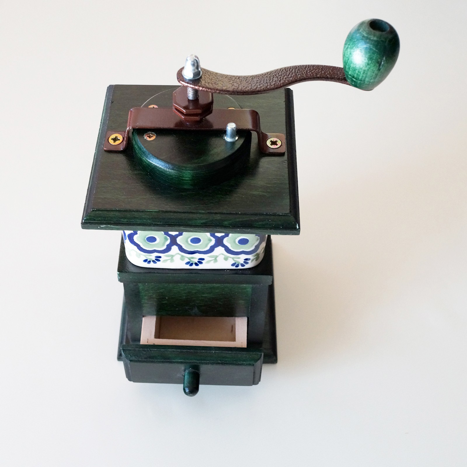 New Boleslawiec Polish Pottery Ceramic Wood Manual Coffee Grinder Hand Crank Mil