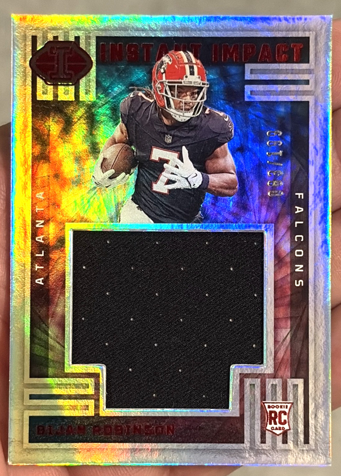 2023 Panini Illusions - Instant Impact Bijan Robinson #II-BRN Red /199 (MEM, RC) 2023 Panini Illusions - Instant Impact Bijan Robinson #II-BRN Red /199 (MEM, RC)