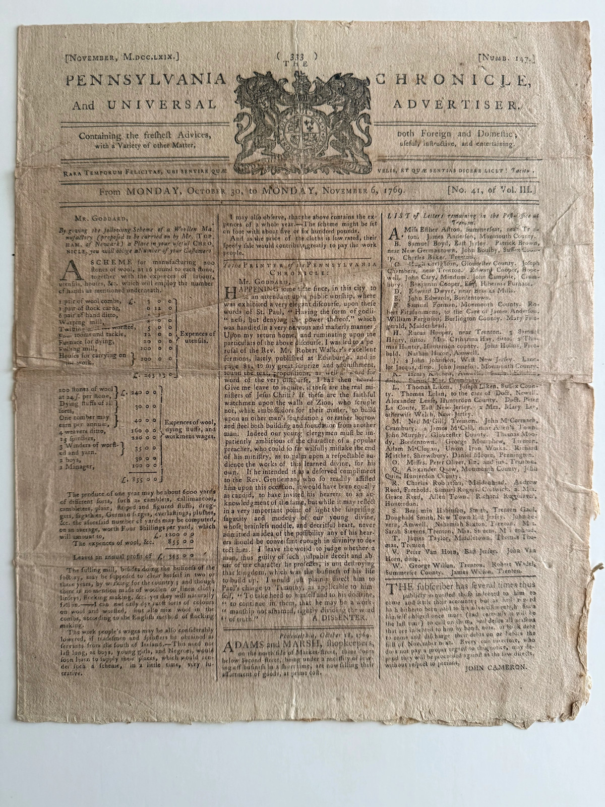 1769 Pennsylvania Chronicle Newspaper – Colonial Philadelphia – William Goddard