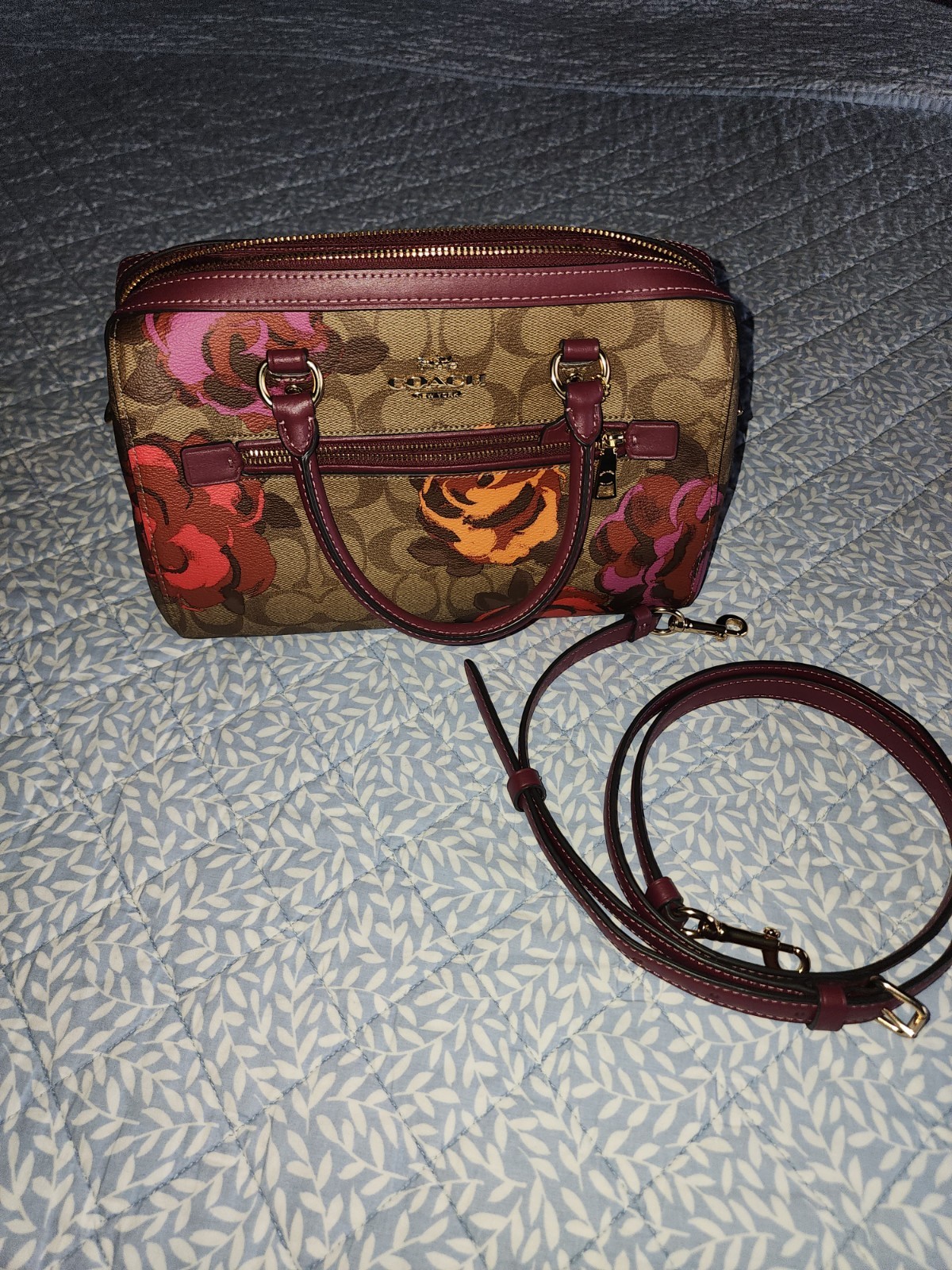 COACH Signature Khaki  /  Mauve Rowan Rose Floral Satchel Crossbody