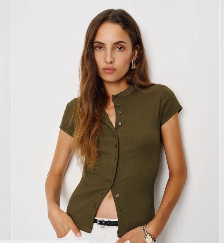 Reformation Raelynn Knit Top Large Dark Olive Organic Cotton Button Down NWOT