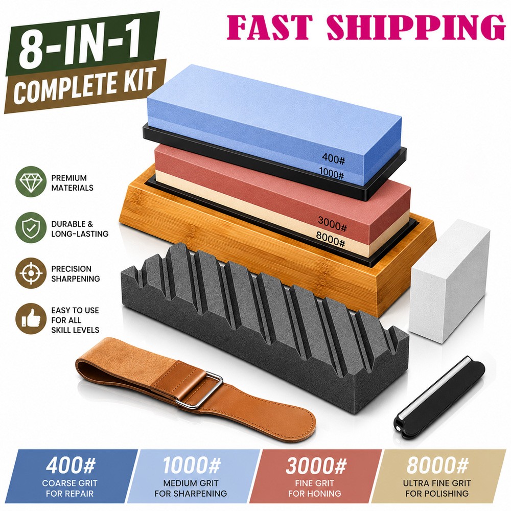 Knife Sharpening Stone Kit Dual Whetstone 400 1000 3000 8000 Grit Sharpener US