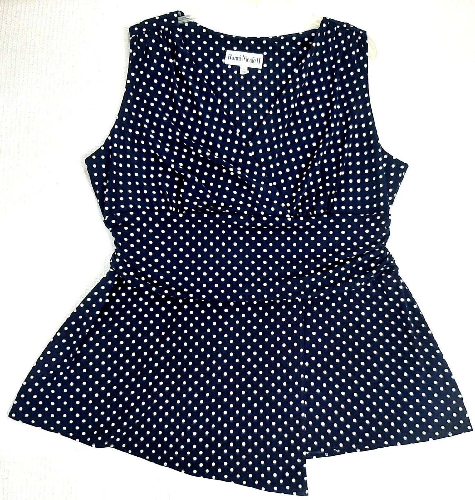Vintage Ronni Nicole Women\'s Sz Plus 20W Tunic Top Blouse Navy Polka Dots Flowy