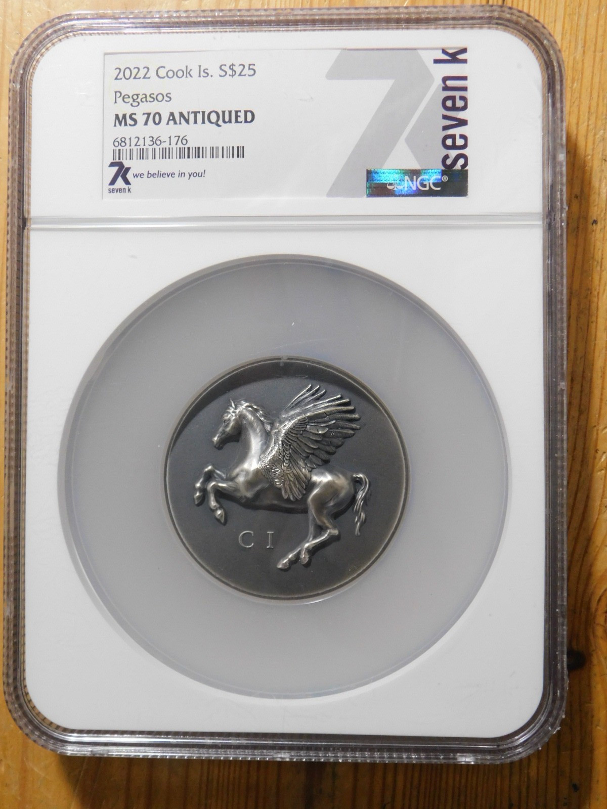 2022 Cook Island Pegasos $25, 5oz Silver NGC Ms70 Antiqued - Only 555 Minted