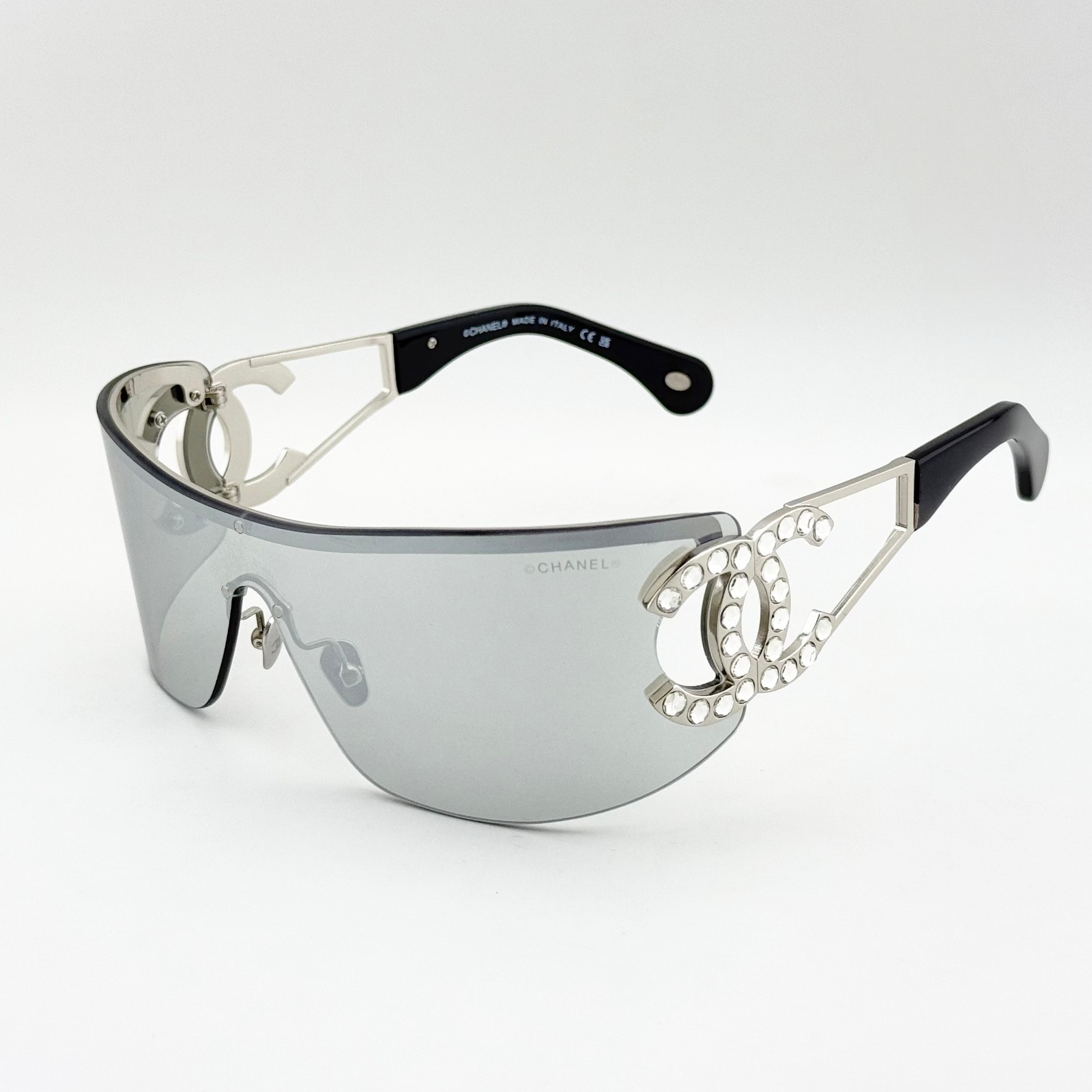 CHANEL CH9579B Shield Sunglasses Silver Rimless Frame Grey Lens CC Crystal Logo