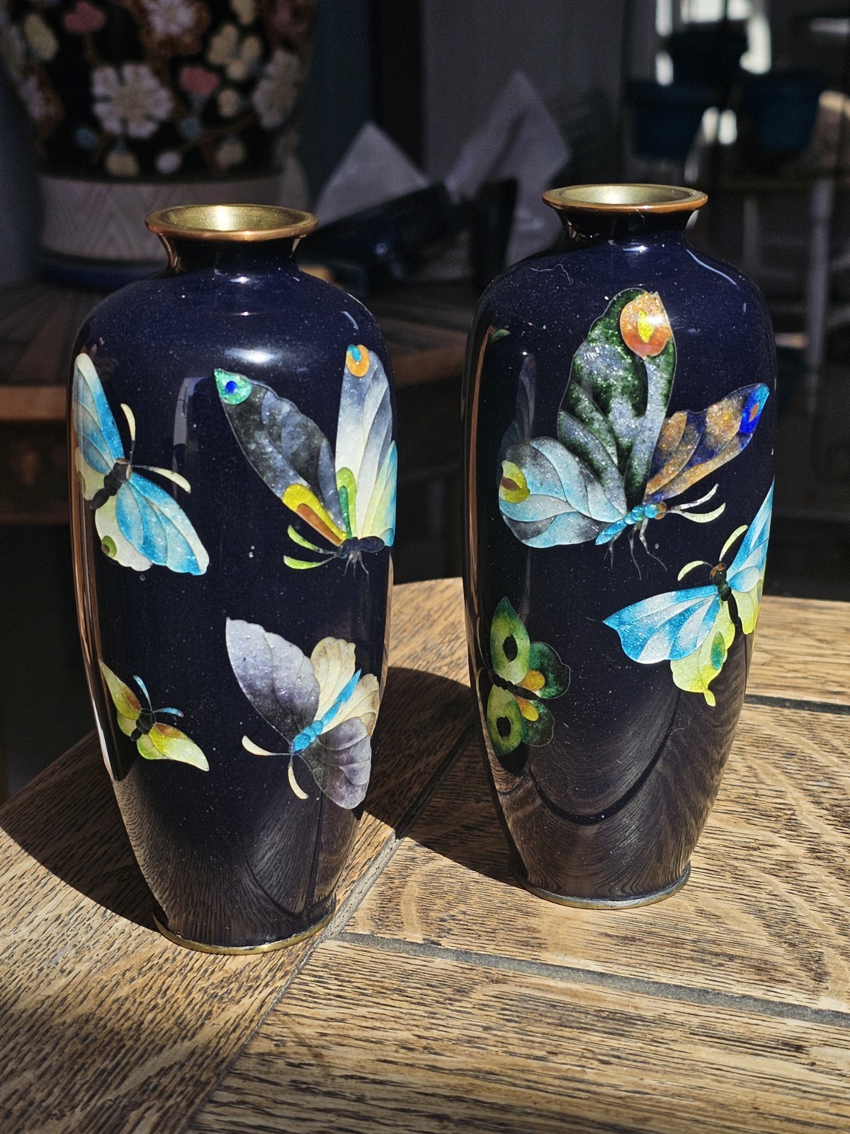 Japanese Ginbari Cloisonne Butterfly / Moth Vase Pair Japan Meiji 6\ Japanese Ginbari Cloisonne Butterfly / Moth Vase Pair Japan Meiji 6\