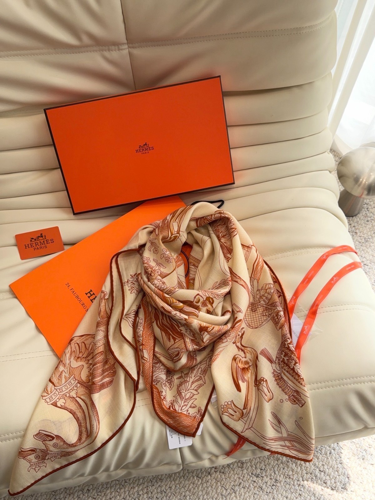 Hermès Cashmere Silk Scarf 140x140cm Equestrian Print Beige Orange