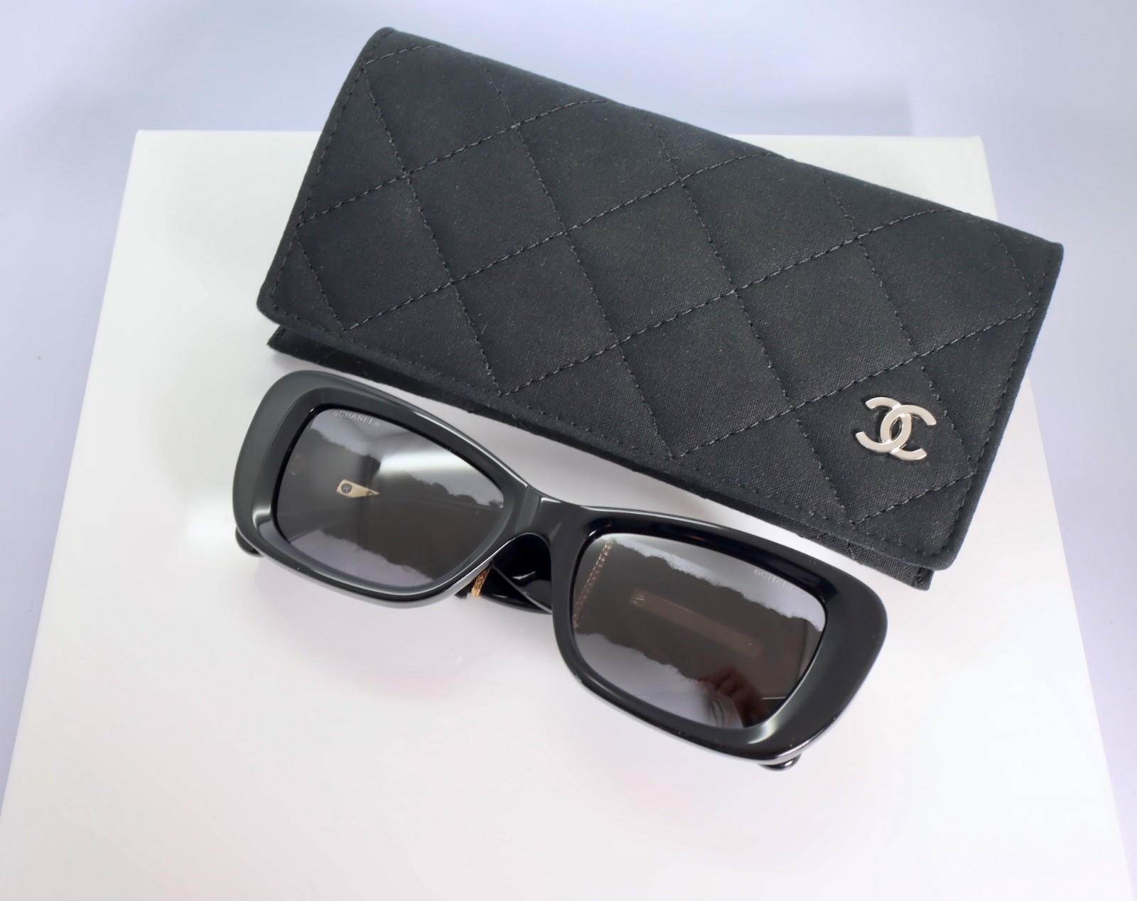 Chanel CH5514 53mm Rectangle Sunglasses in Black with Gray Lens and Tweed Arms