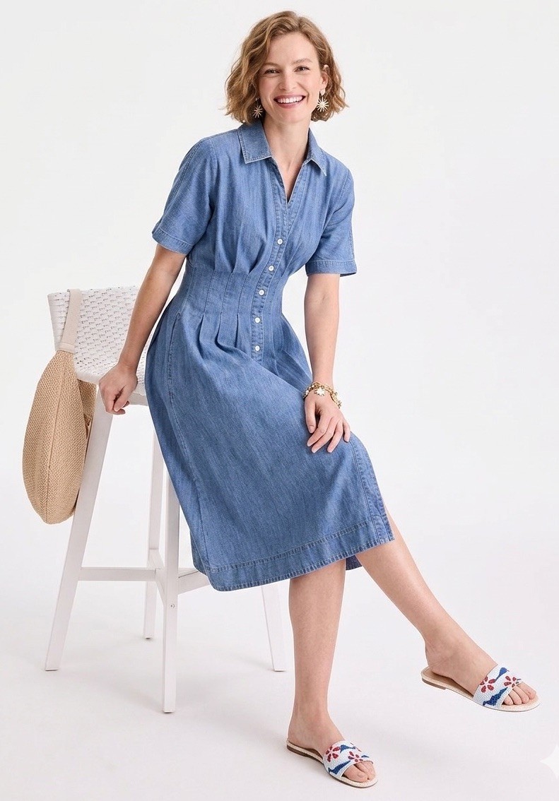 On 34th Women’s Cotton Denim Pleated Shirtdress, Size Large