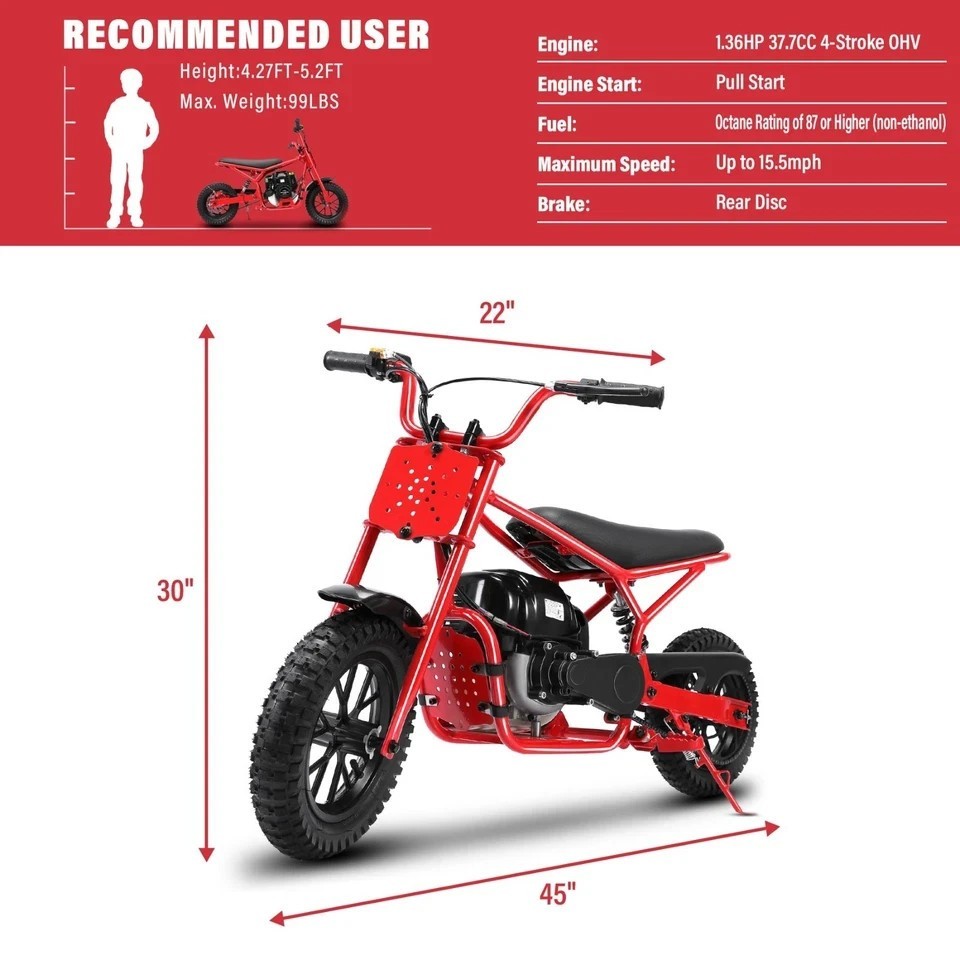 Oryxearth Mini Dirt Bike Gas Power Off Road Motorcycle Handmade 37.7CC 4-Stroke Oryxearth Mini Dirt Bike Gas Power Off Road Motorcycle Handmade 37.7CC 4-Stroke