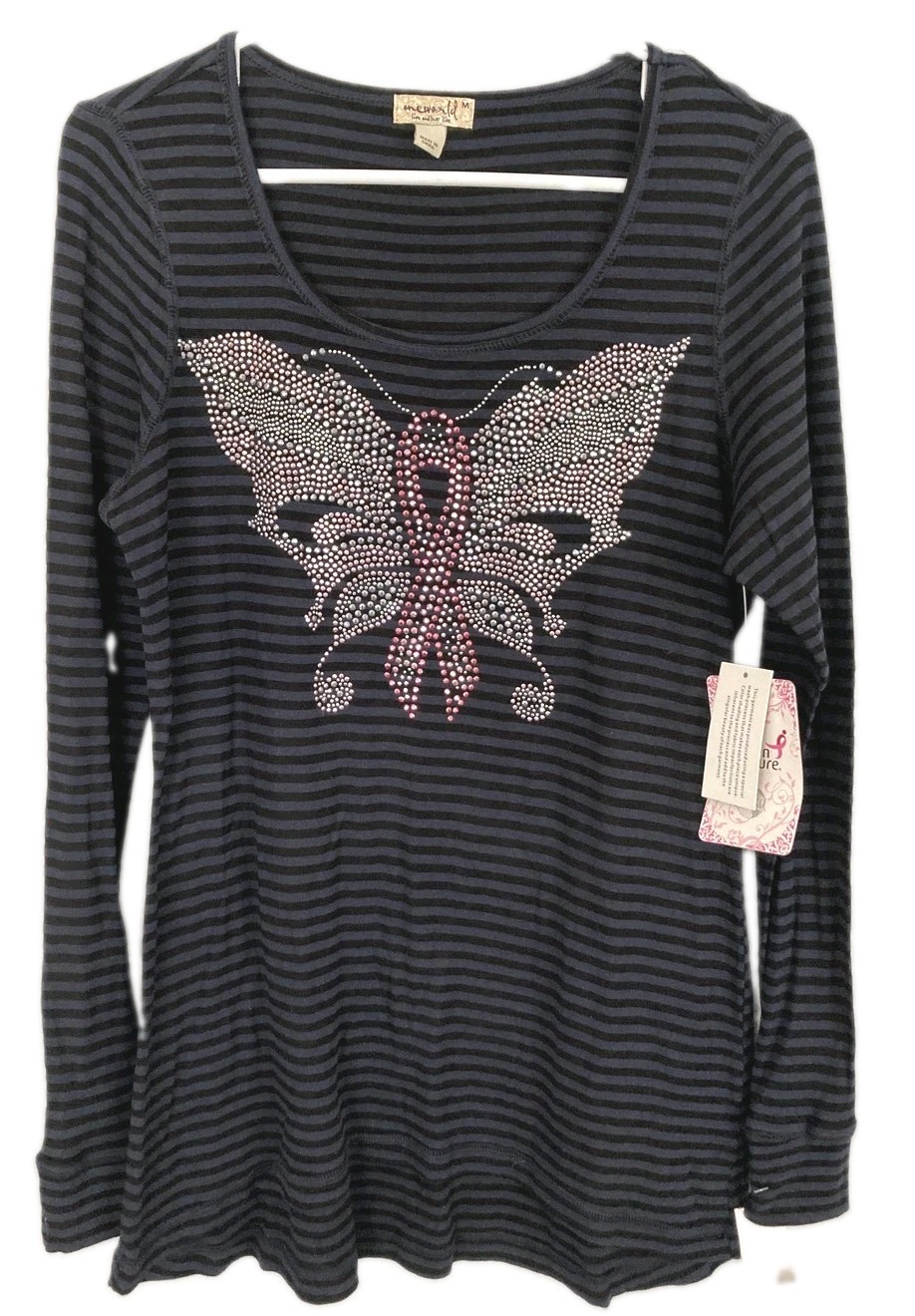 One World Tunic Women M Stripe Rhinestone Butterfly Pink Ribbon For The Cure NWT