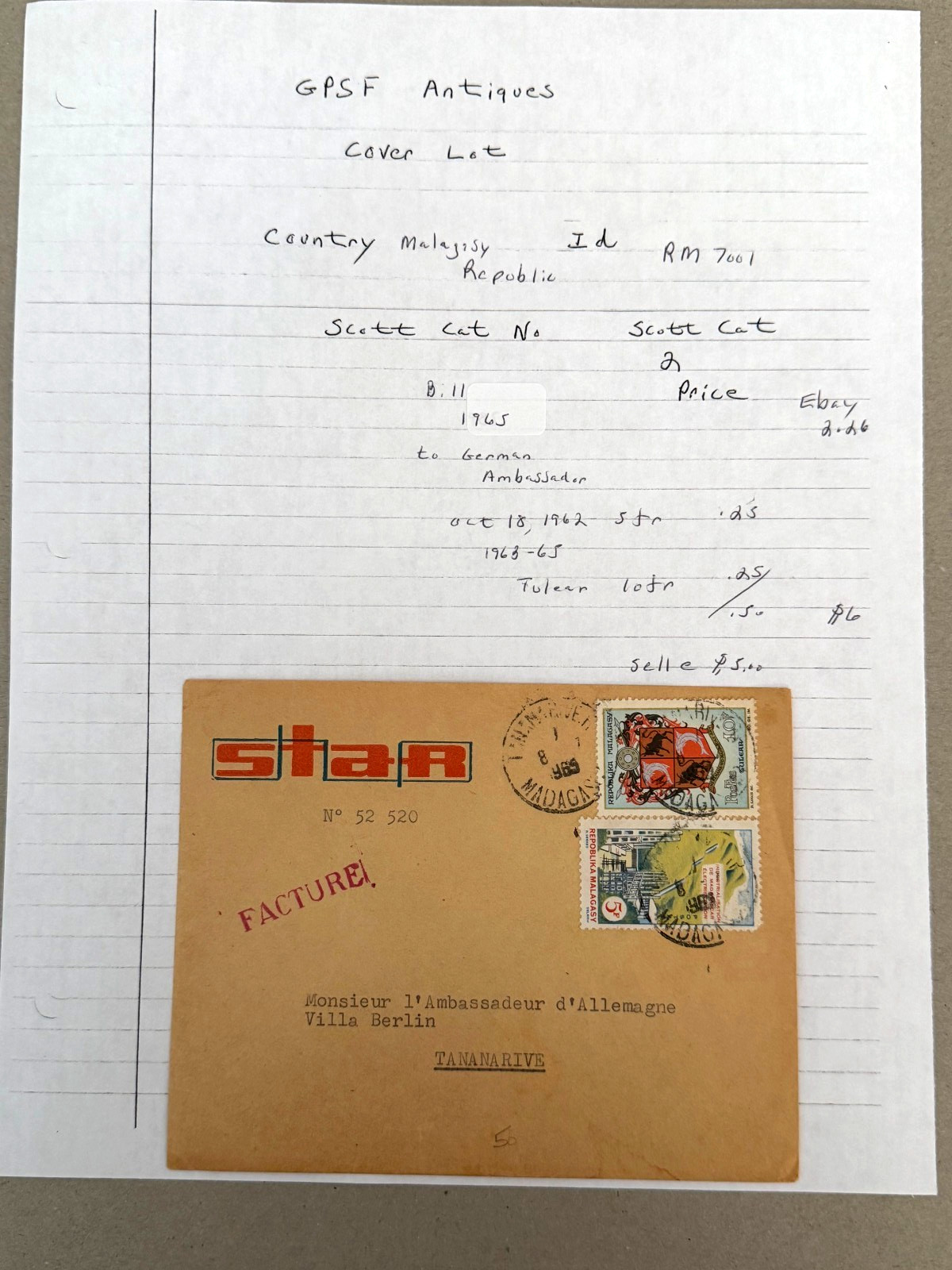 Malagasy Rep bill cover to Ambassador Germany 1965 Scott Cat 334,349 1962-1965