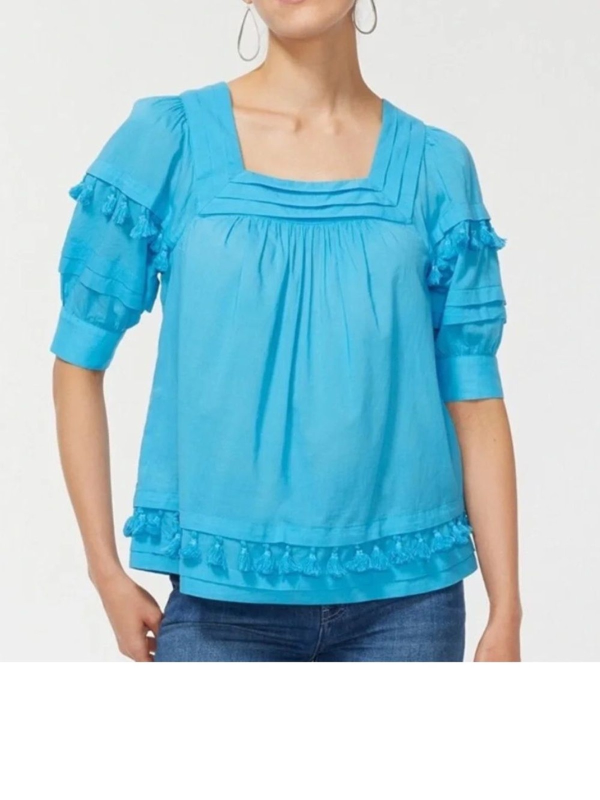 NEW Chico’s Tiered Cotton Voile Tassel Square Neck Boho Top Size 3.5 US 18