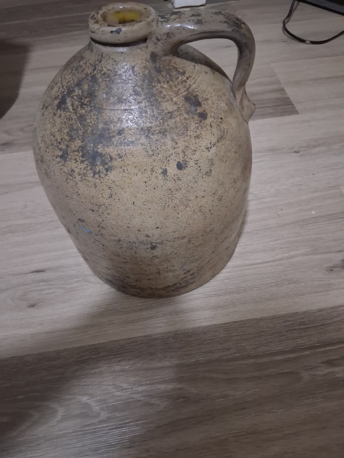 antique 1800\'s handmade stoneware salt glazed cobalt pottery jug vase w/ handle 