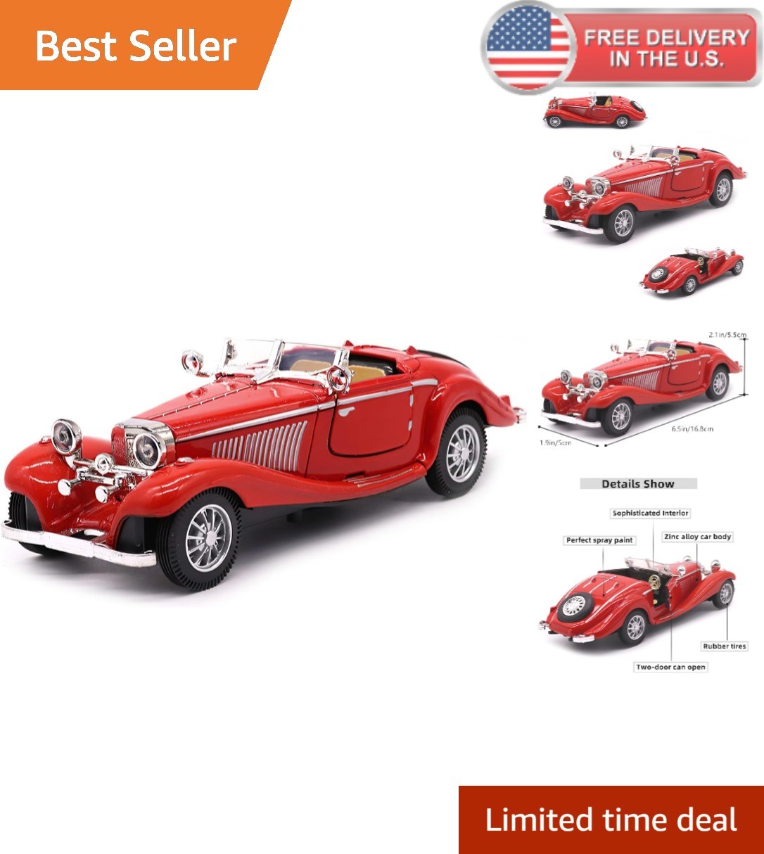 Diecast Metal Pullback Antique Classic Car - Realistic Details, 6.5in Red Model