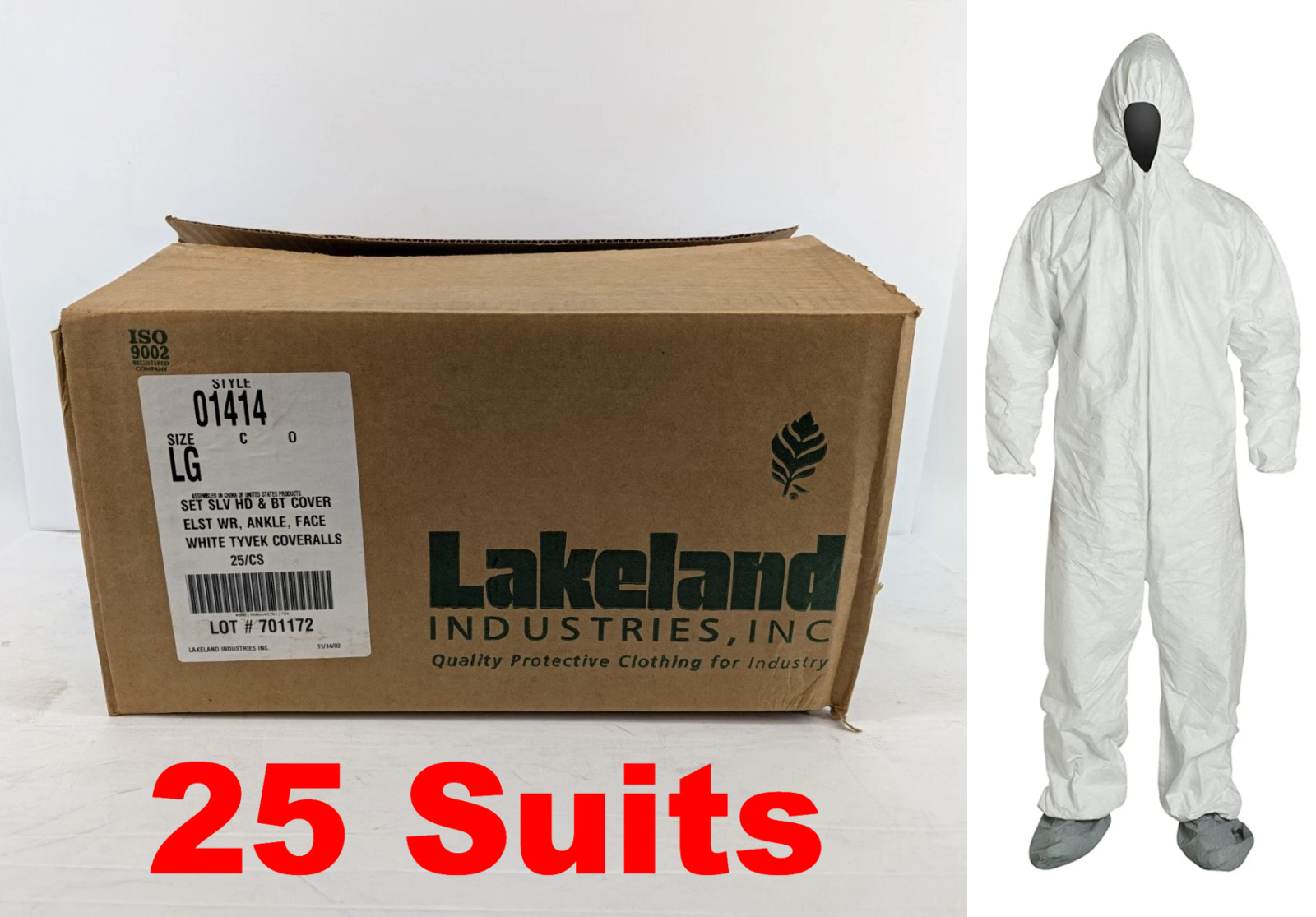 Lakeland Tyvek TY122S LARGE Disposable Suit Coveralls w/ Hood & Boots | 25 Pack