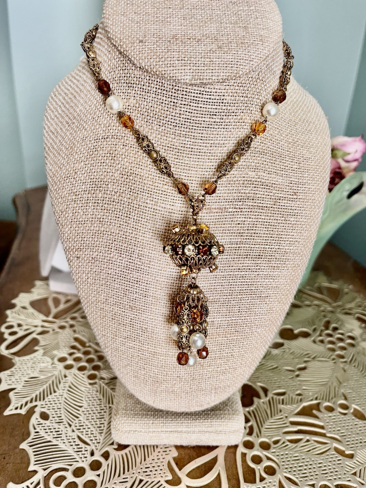 Vtg W Germany Filigree Necklace Long Round Pendant Vtg W Germany Filigree Necklace Long Round Pendant
