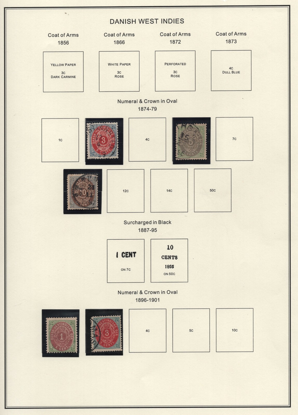 DENMARK DANISH WEST INDIES 1874-1915 SMALL LOT OF 32 STAMPS ON 4 PAGES