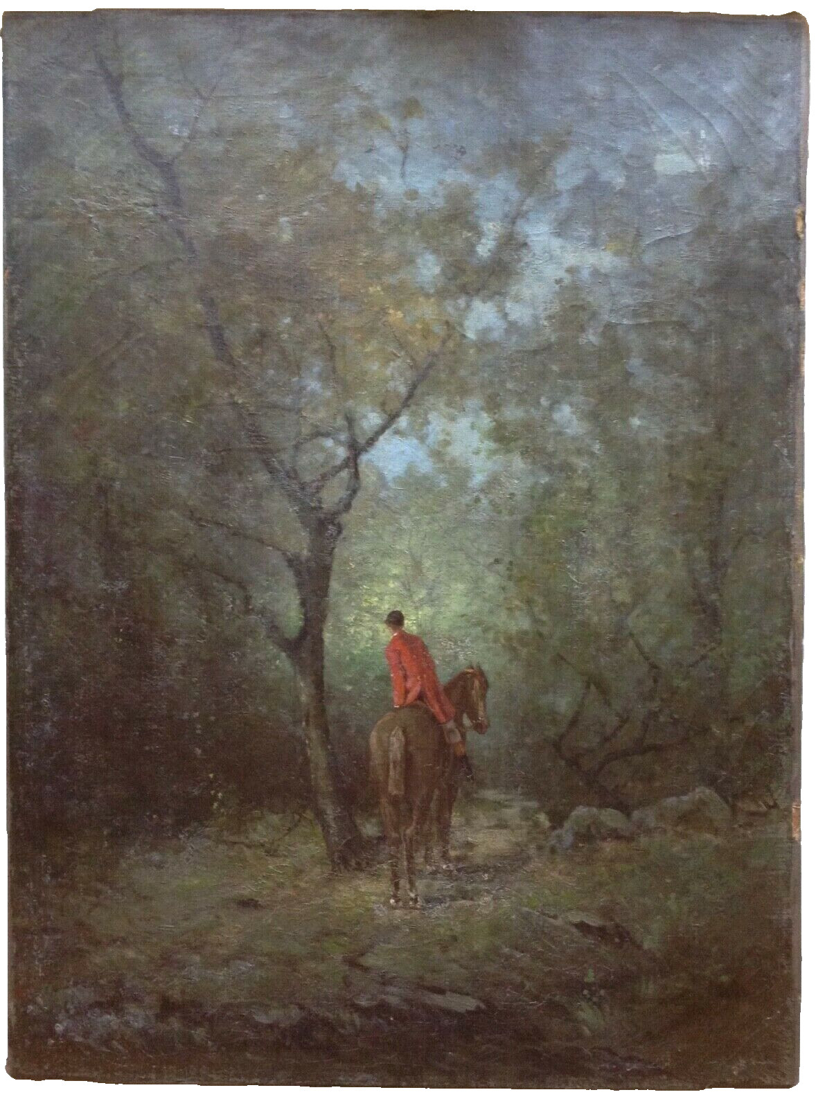 19th Century Huntsman in Red Coat Horseback Misty Landscape Antique Oil Painting