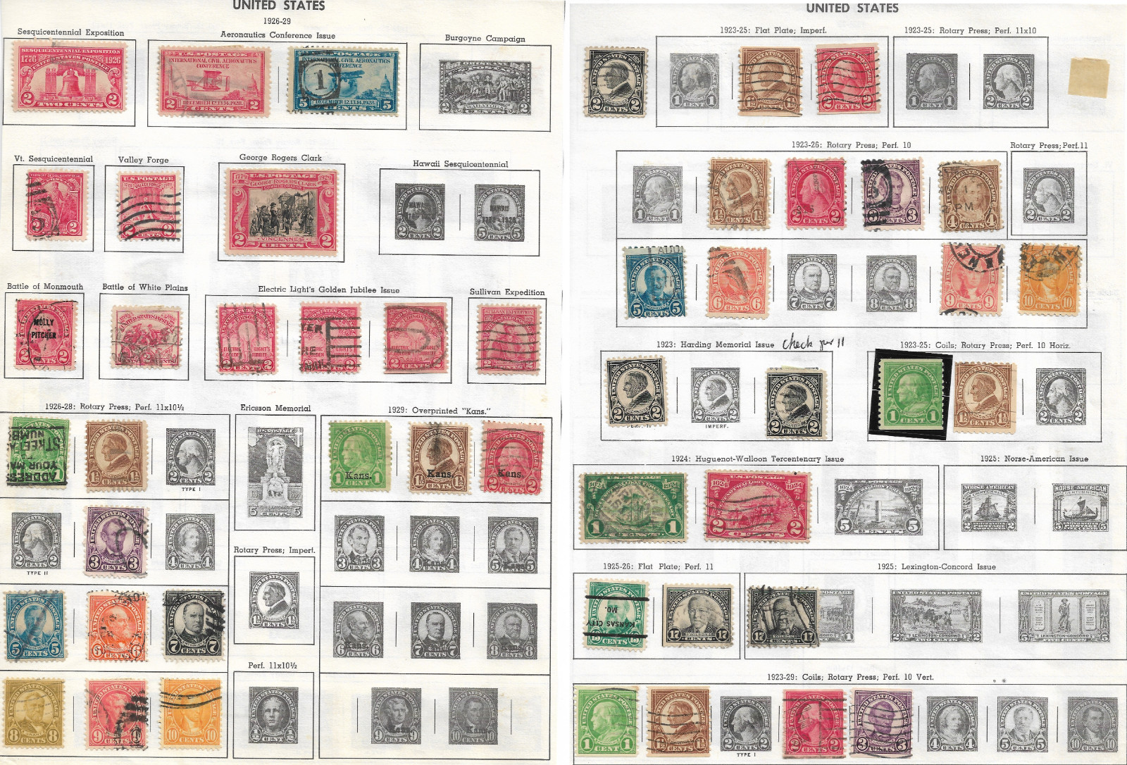 1923-1929 US STAMPS ON ALBUM PAGE KANSAS PRECANCELS REDS AERIAL PRESIDENTS